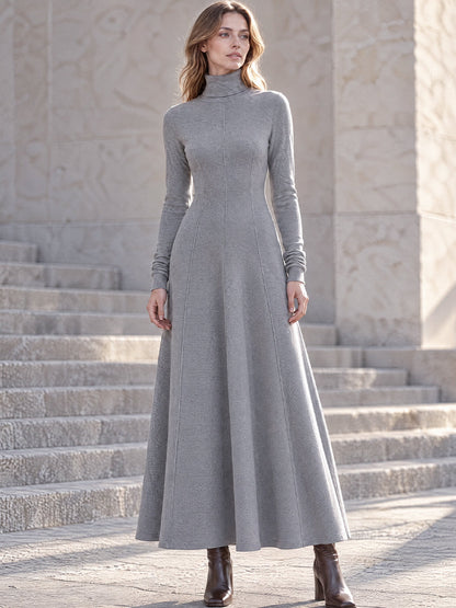 Turtleneck Panelled Seam Long Sleeve Maxi Fit-and-Flare Dress