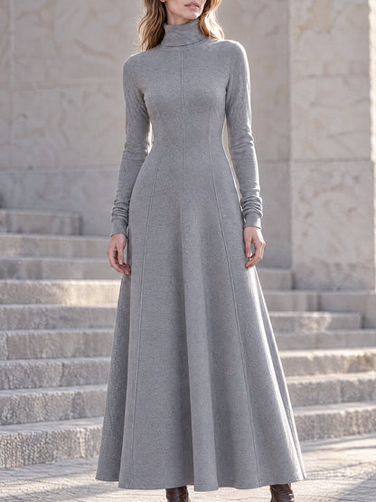 Turtleneck Panelled Seam Long Sleeve Maxi Fit-and-Flare Dress
