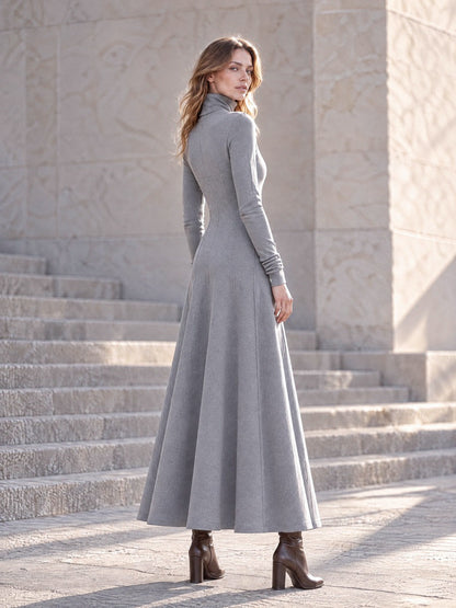 Turtleneck Panelled Seam Long Sleeve Maxi Fit-and-Flare Dress