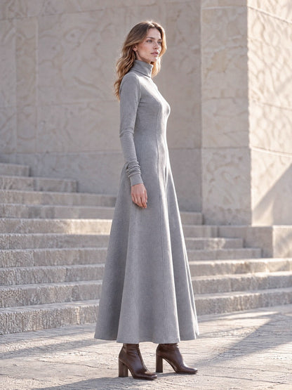 Turtleneck Panelled Seam Long Sleeve Maxi Fit-and-Flare Dress