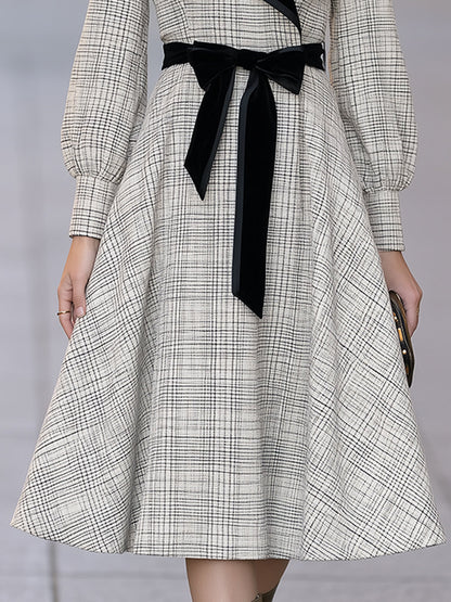 Velvet-Collar Plaid Belted Midi Dress