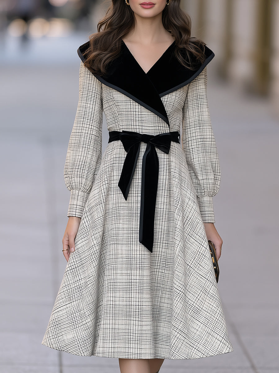 Velvet-Collar Plaid Belted Midi Dress