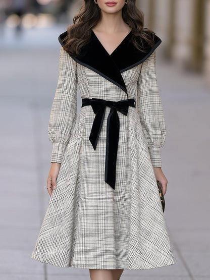 Velvet-Collar Plaid Belted Midi Dress