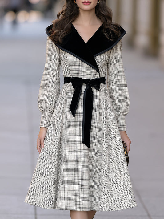 Velvet-Collar Plaid Belted Midi Dress