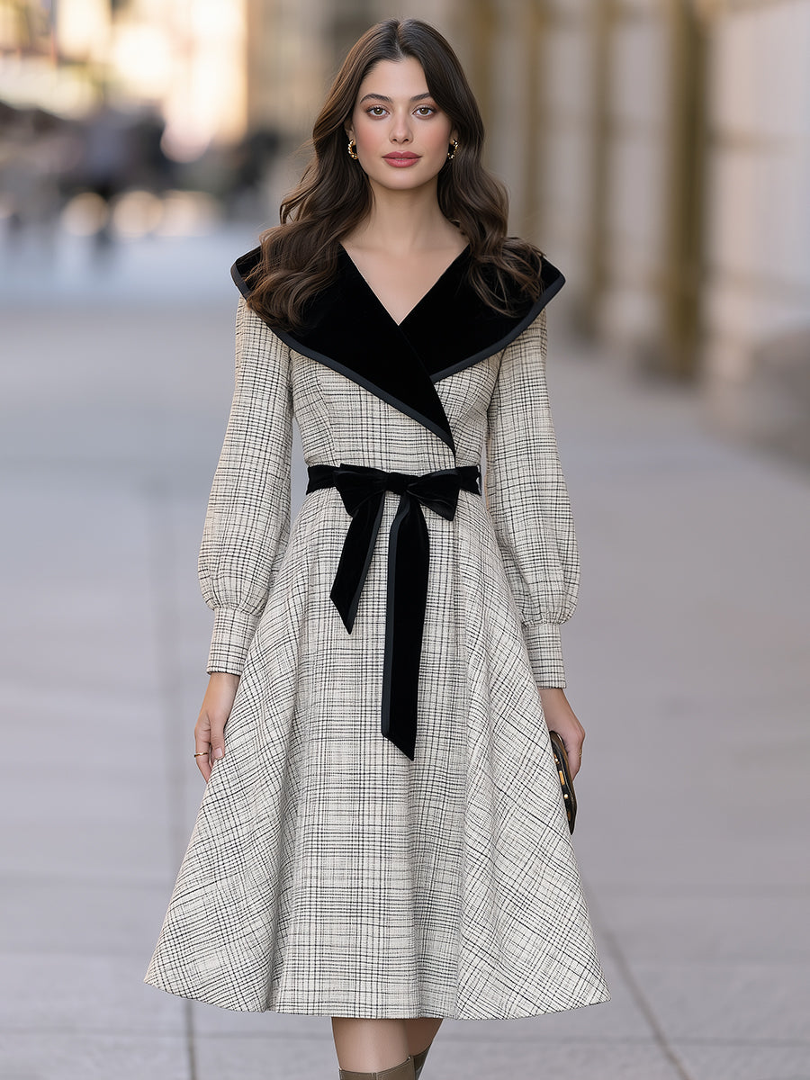 Velvet-Collar Plaid Belted Midi Dress