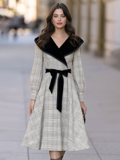 Velvet-Collar Plaid Belted Midi Dress