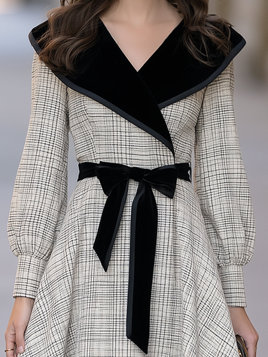 Velvet-Collar Plaid Belted Midi Dress