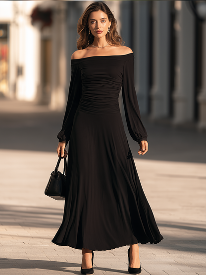 Off Shoulder Long Bishop Sleeve Ruched Bodice Fit And Flare Maxi Dress