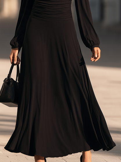 Off Shoulder Long Bishop Sleeve Ruched Bodice Fit And Flare Maxi Dress