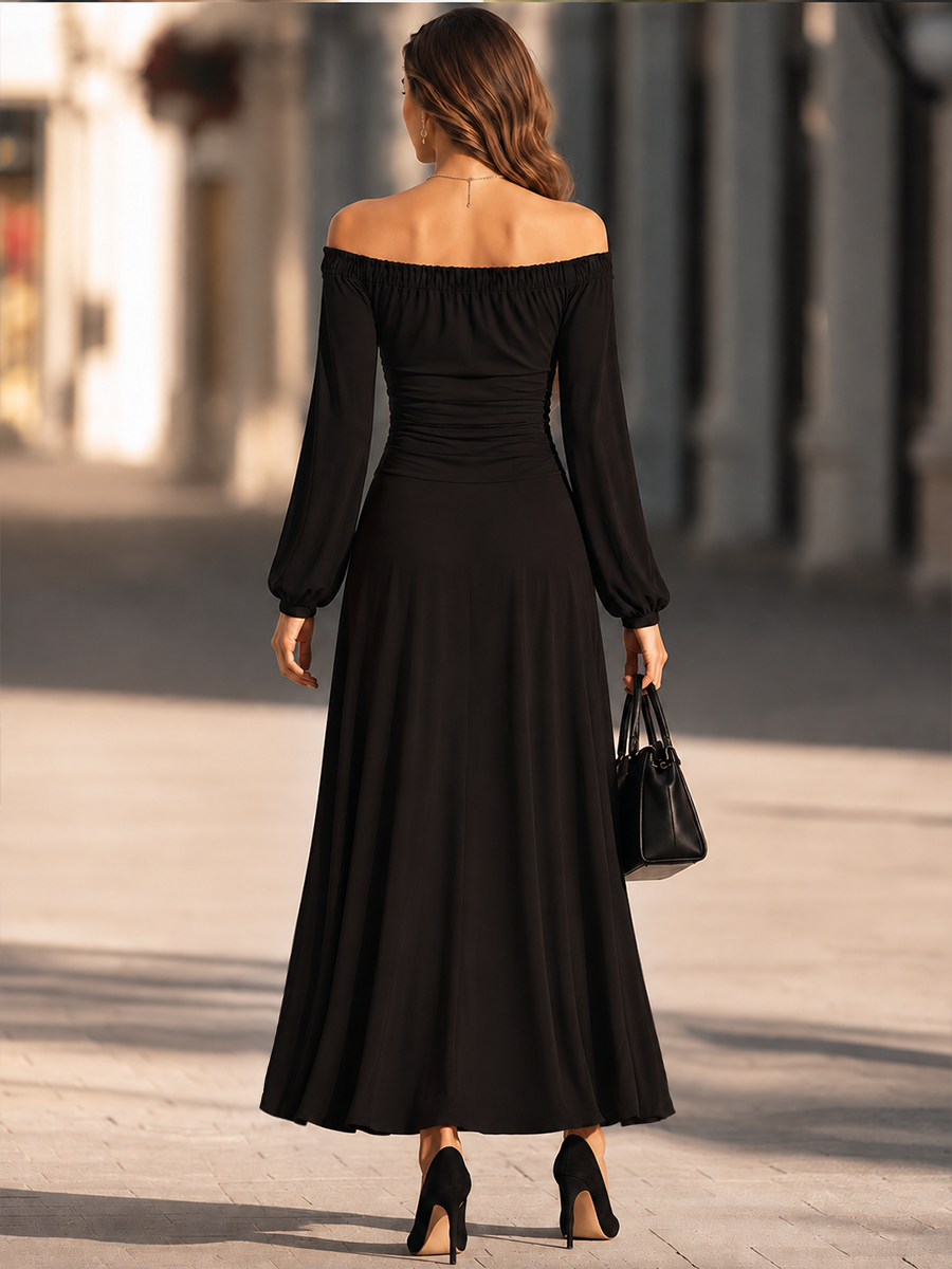 Off Shoulder Long Bishop Sleeve Ruched Bodice Fit And Flare Maxi Dress
