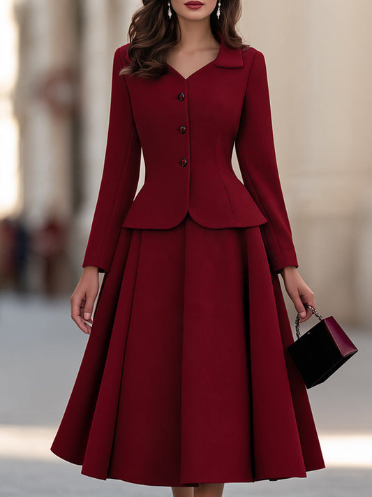 Two-Piece Peplum Woolen Jacket And Pleated Midi Skirt Set