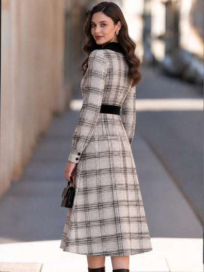 Plaid Wrap Midi Dress with Velvet Collar and Tie Belt