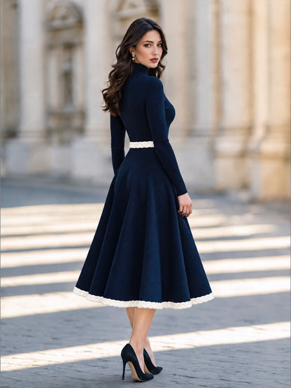 White Braided Trim Ribbed Knit Turtleneck Midi Dress