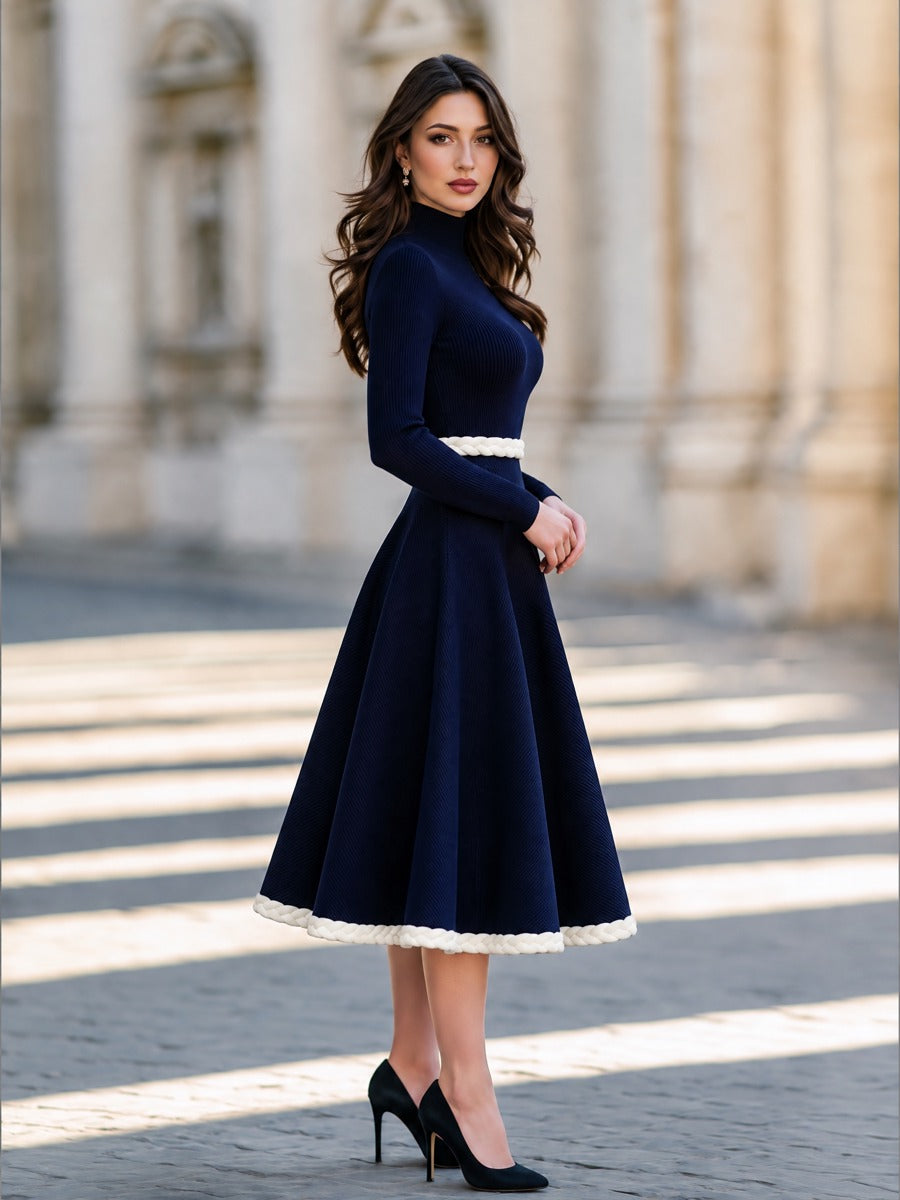 White Braided Trim Ribbed Knit Turtleneck Midi Dress