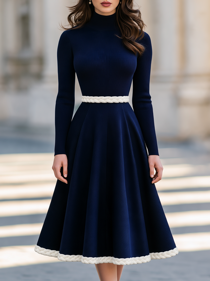 White Braided Trim Ribbed Knit Turtleneck Midi Dress