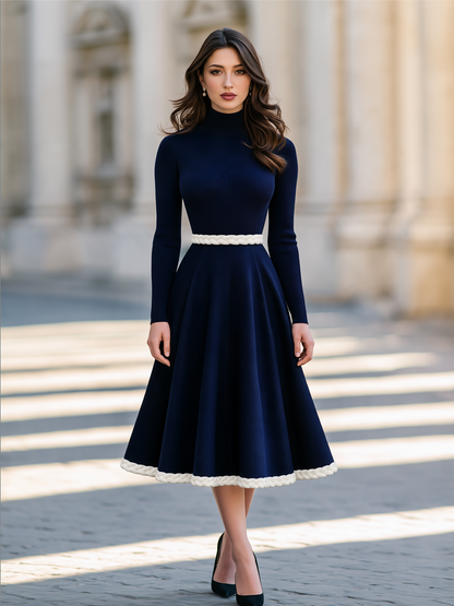 White Braided Trim Ribbed Knit Turtleneck Midi Dress