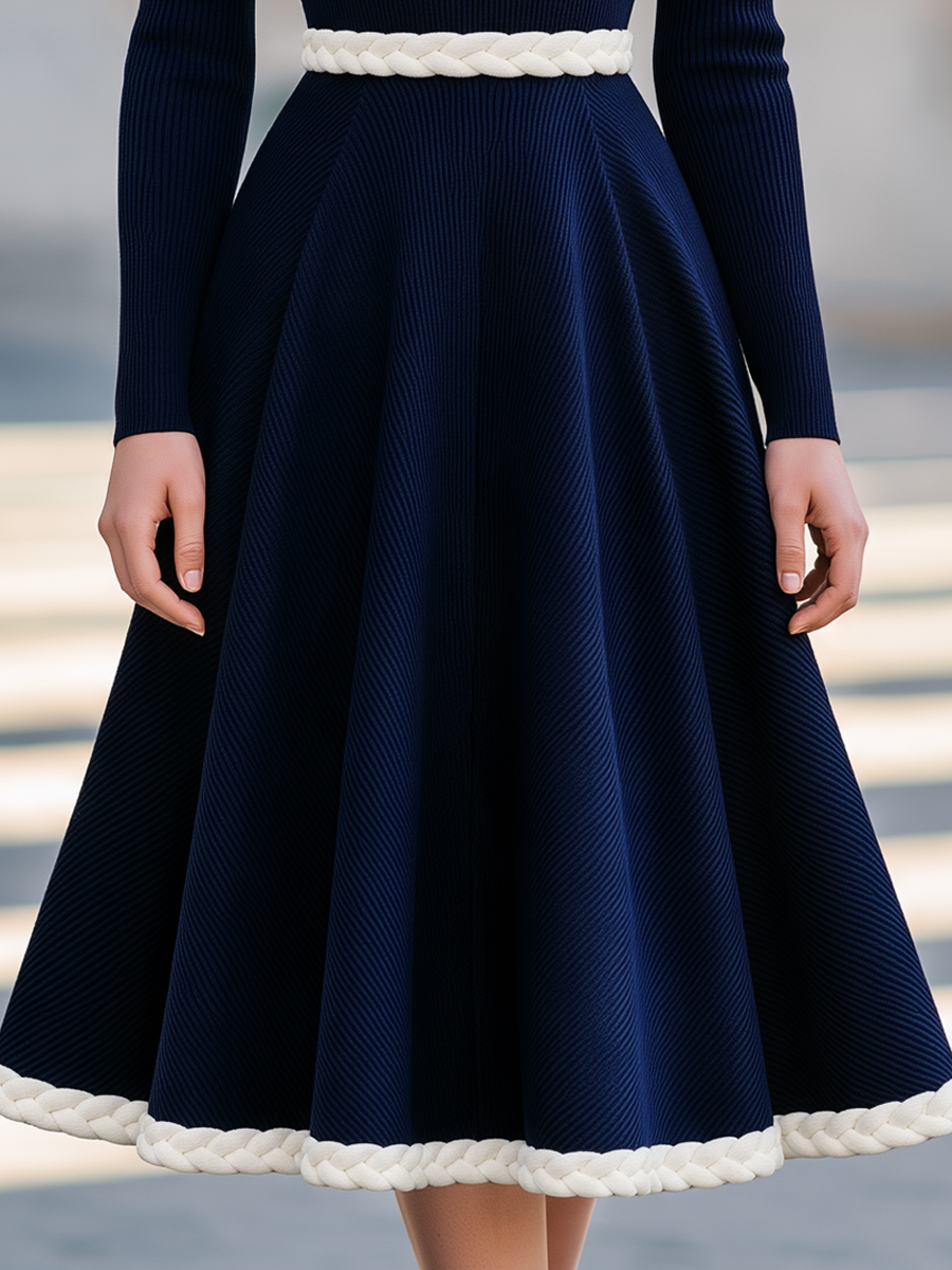 White Braided Trim Ribbed Knit Turtleneck Midi Dress