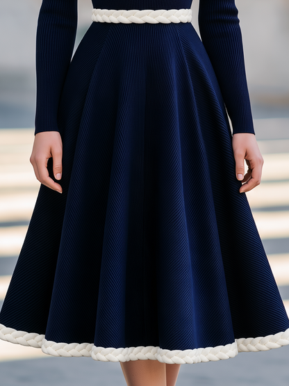 White Braided Trim Ribbed Knit Turtleneck Midi Dress