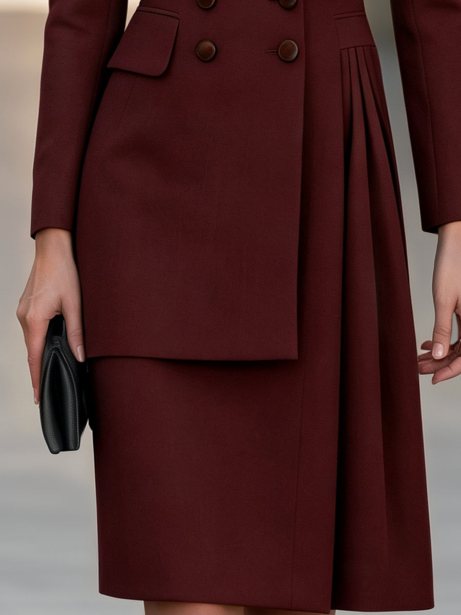 Double-Breasted Asymmetric Pleated Blazer Midi Dress