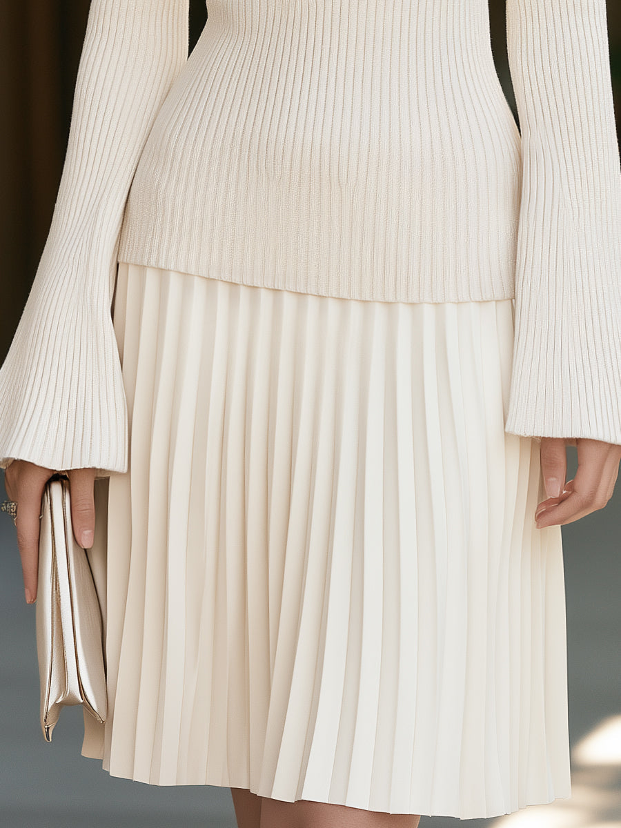 Ribbed Knit Bell Sleeve Pleated Midi Dress