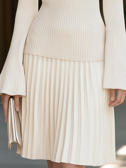 Ribbed Knit Bell Sleeve Pleated Midi Dress