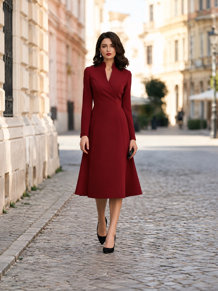 Stand Collar Split V-Neck Long Sleeve Fit-and-Flare Midi Dress