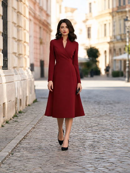 Stand Collar Split V-Neck Long Sleeve Fit-and-Flare Midi Dress