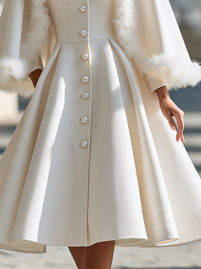 Elegant Bow Pearl Button Fur Trim Cape Sleeve Midi Coat