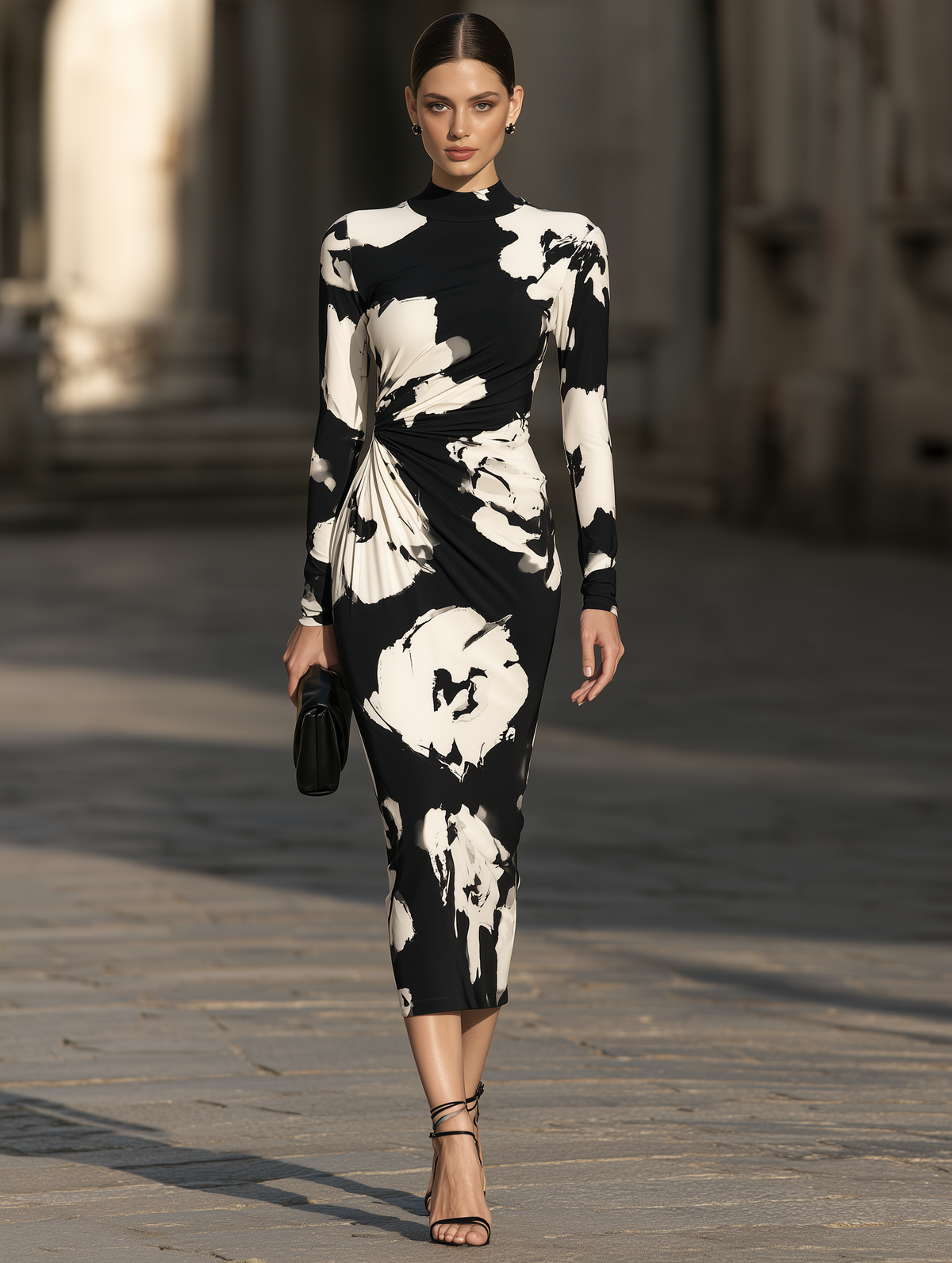 Abstract Floral Ruched Mock-Neck Midi Dress