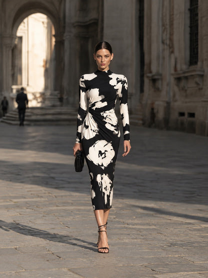 Abstract Floral Ruched Mock-Neck Midi Dress