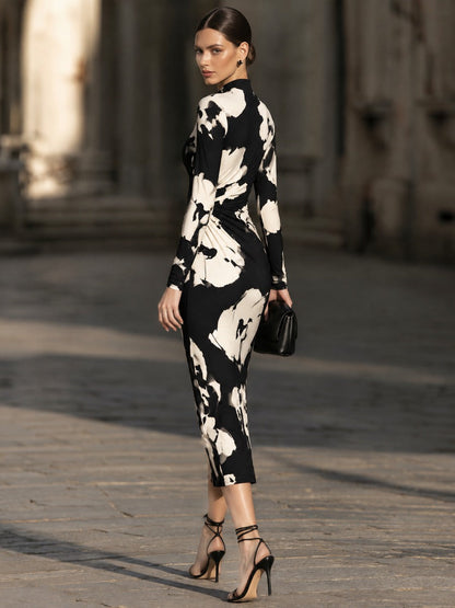 Abstract Floral Ruched Mock-Neck Midi Dress