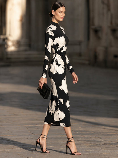Abstract Floral Ruched Mock-Neck Midi Dress