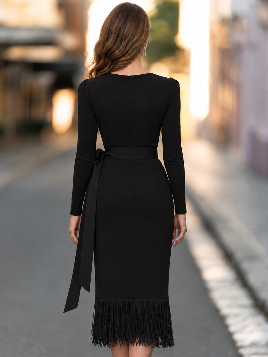 Crew Neck Long Sleeve Bow Tie Waist Asymmetric Fringe Hem Sheath Midi Dress