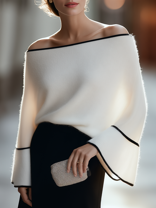 Off Shoulder Long Bell Sleeve Contrast Trim Relaxed Knit Sweater With Tiered Flared Cuffs