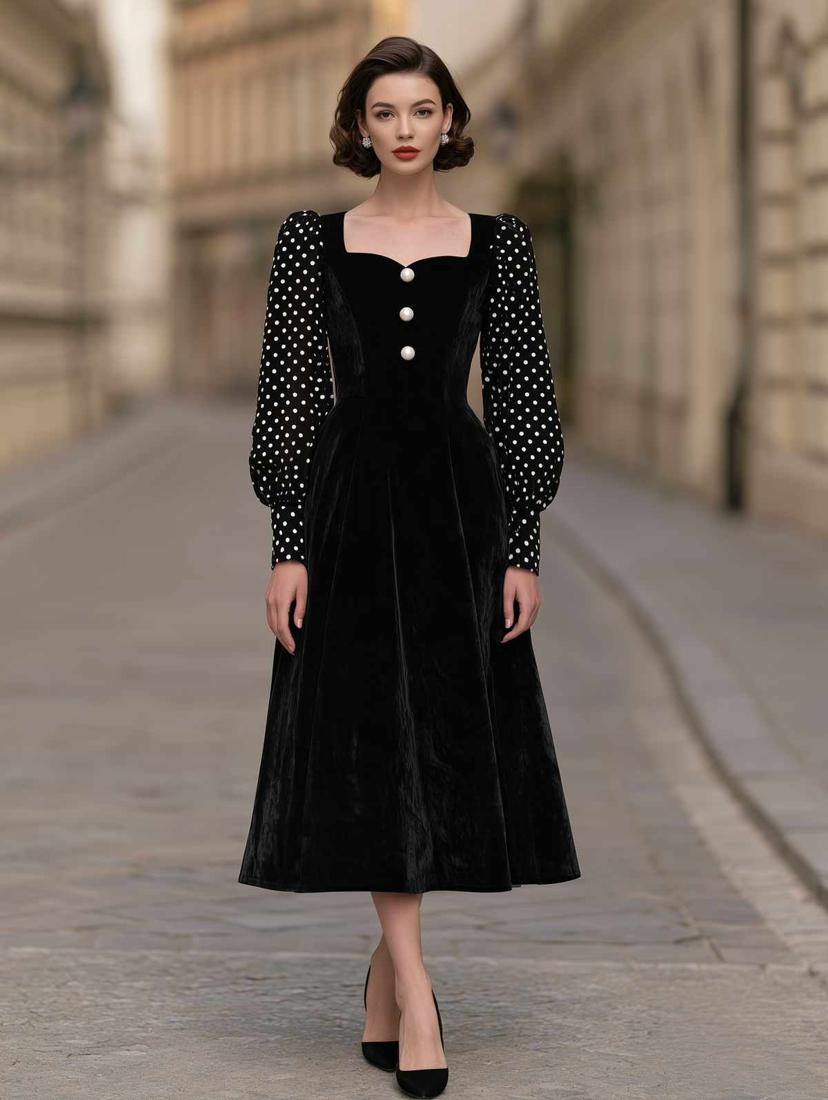 Olka-Dot Sleeve Velvet Midi Dress