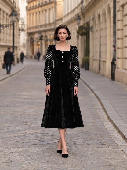 Olka-Dot Sleeve Velvet Midi Dress