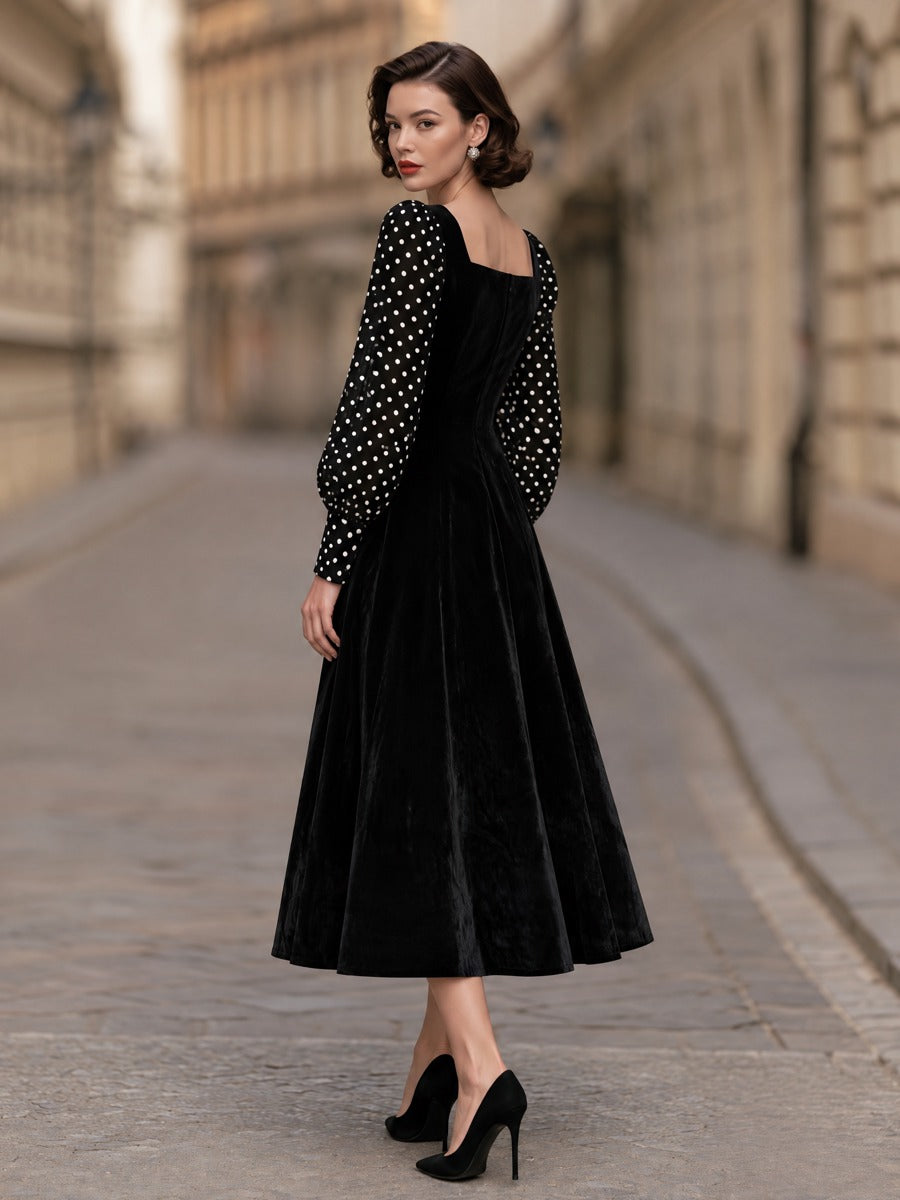Olka-Dot Sleeve Velvet Midi Dress