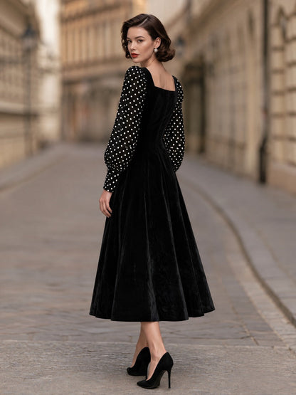Olka-Dot Sleeve Velvet Midi Dress