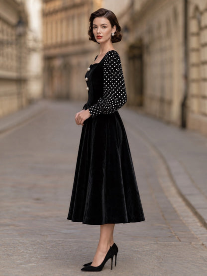 Olka-Dot Sleeve Velvet Midi Dress