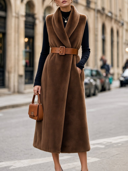 Faux Shearling Long Vest & Turtleneck Top Set