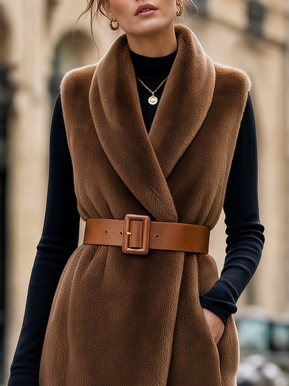 Faux Shearling Long Vest & Turtleneck Top Set