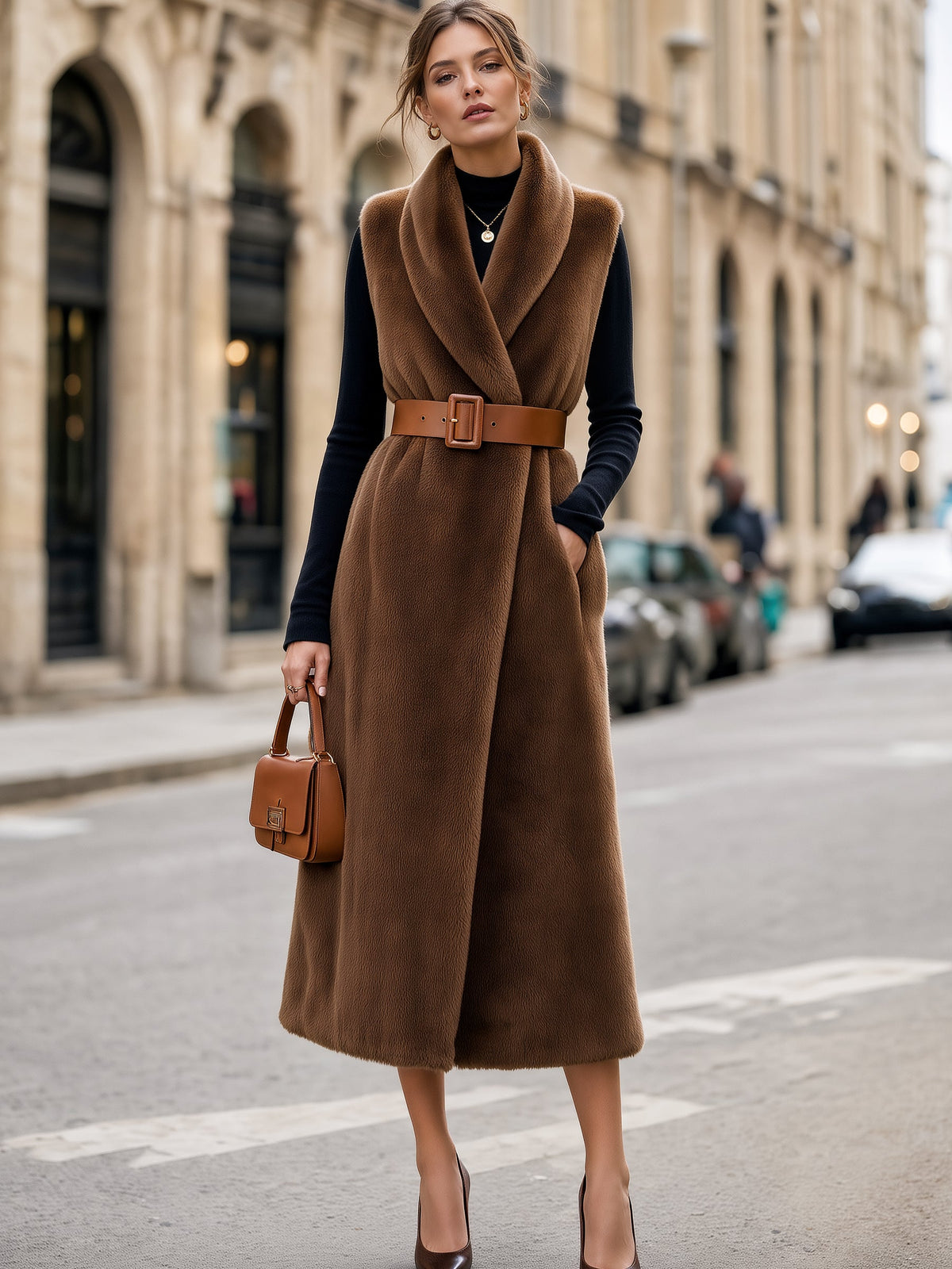 Faux Shearling Long Vest & Turtleneck Top Set