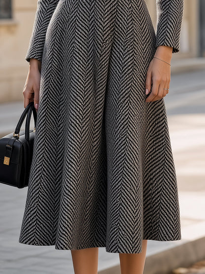 Herringbone Pattern V-Neck Belted Midi Dress