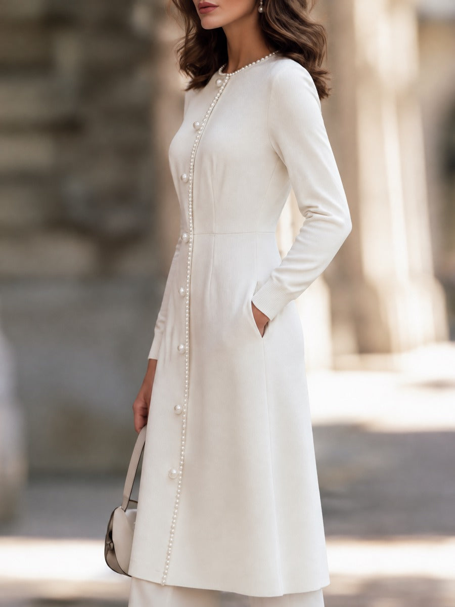 Pearl Beaded Trim Button-Front Knit Sheath Midi Dress