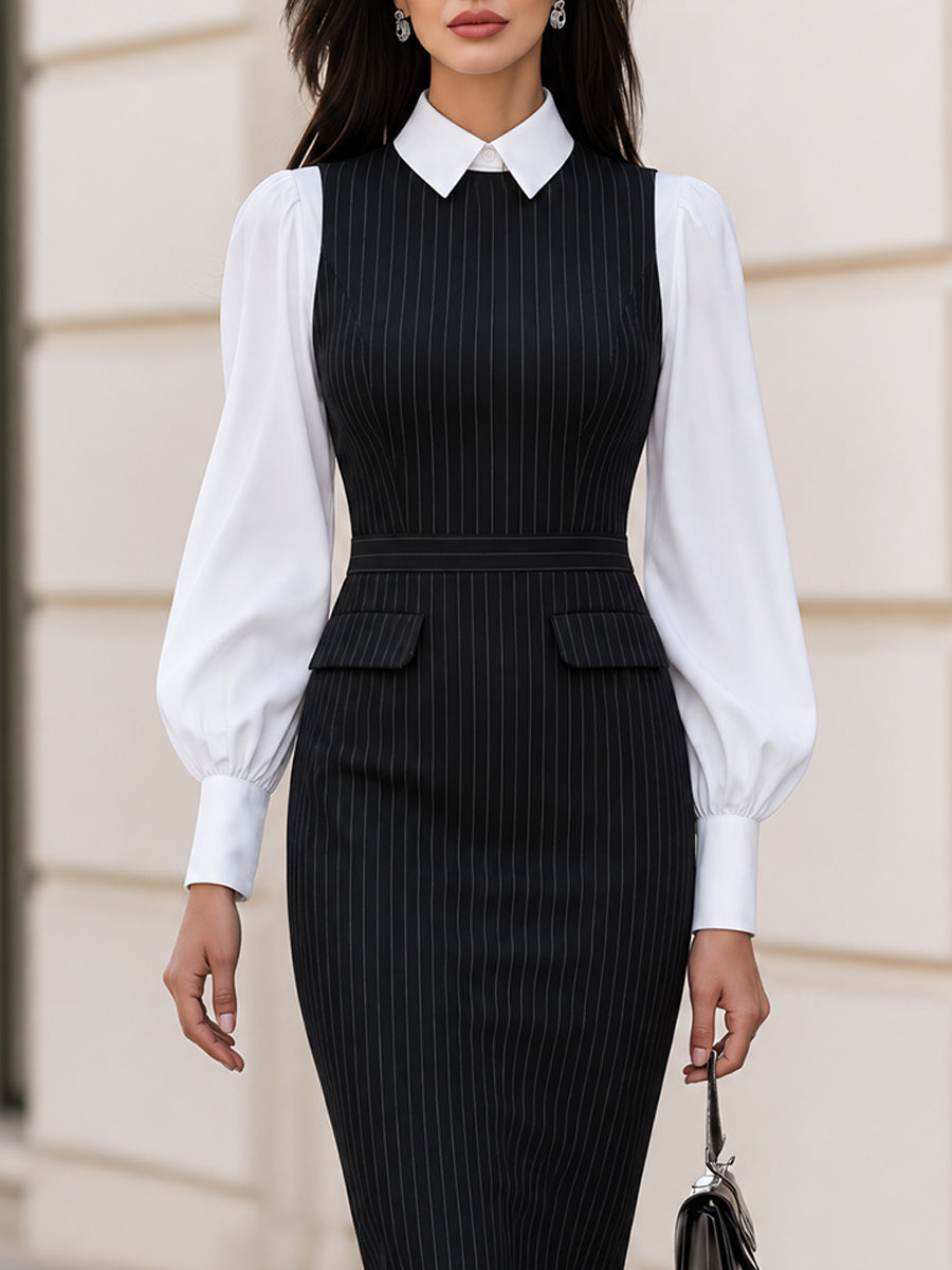 Black Pinstripe Midi Sheath Dress With Contrast White Collar Long Puff Sleeves