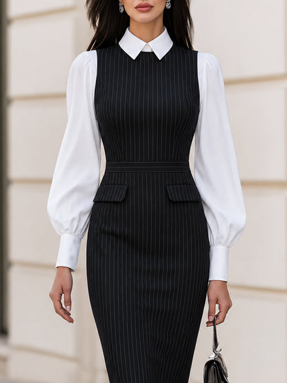 Black Pinstripe Midi Sheath Dress With Contrast White Collar Long Puff Sleeves