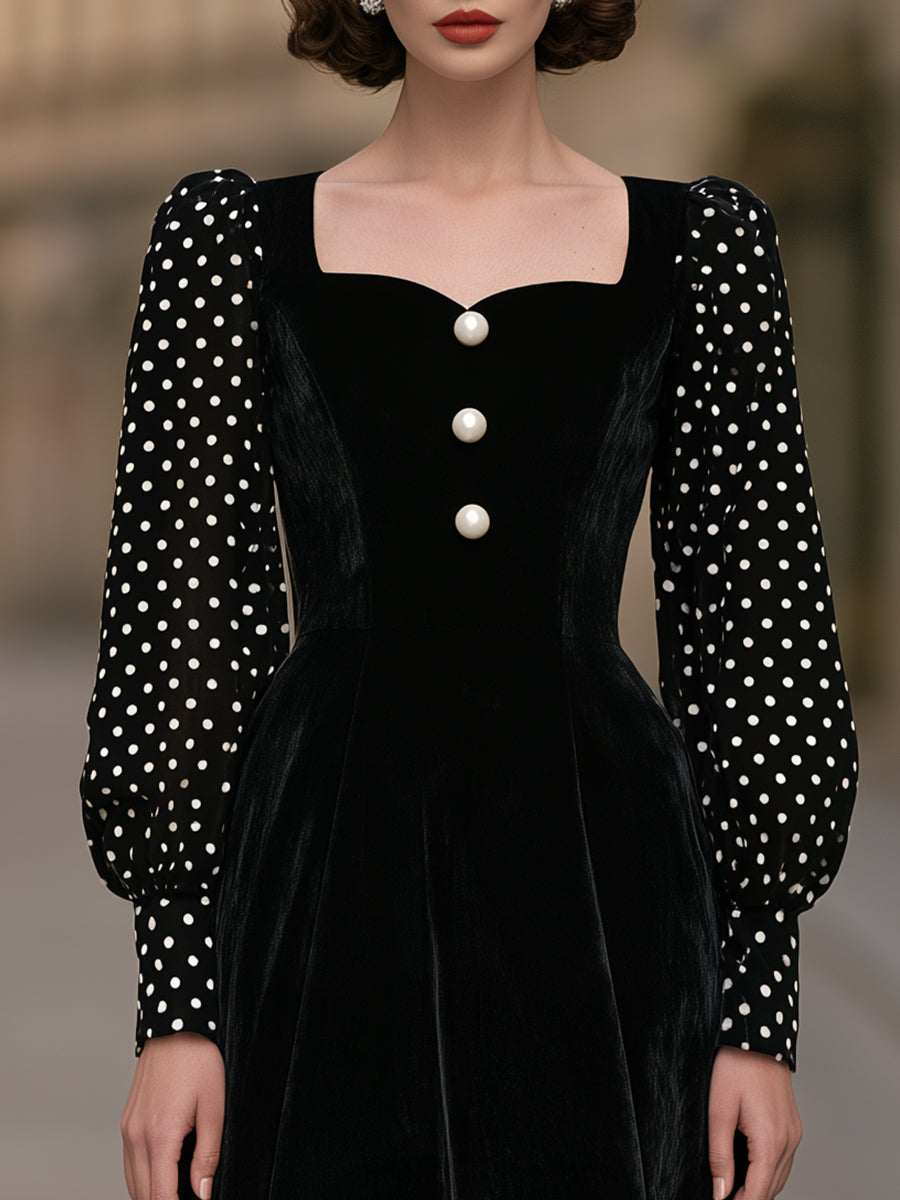 Olka-Dot Sleeve Velvet Midi Dress