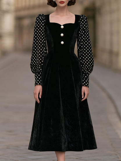 Olka-Dot Sleeve Velvet Midi Dress