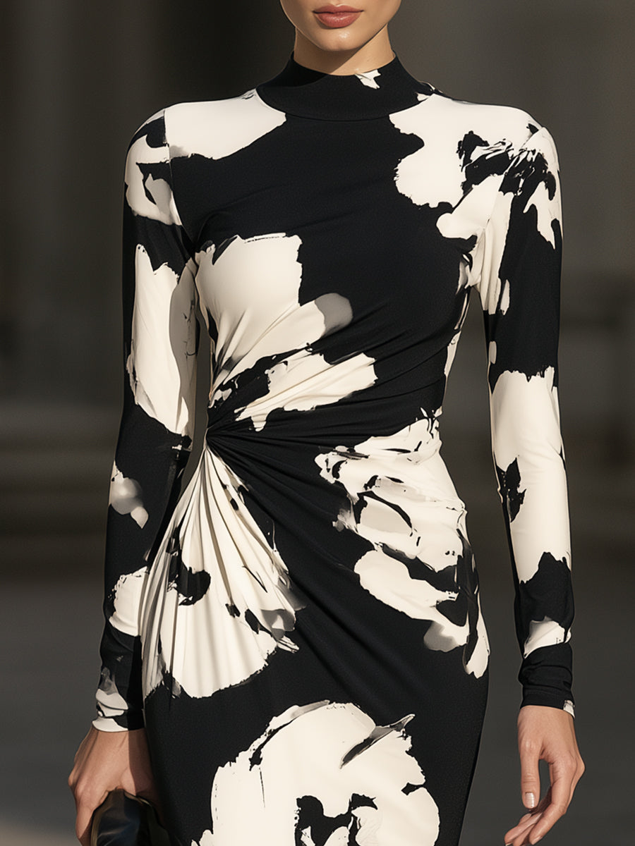 Abstract Floral Ruched Mock-Neck Midi Dress