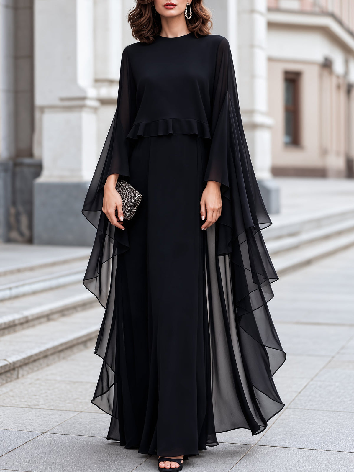 Elegant Sheer Cape Sleeve Maxi Evening Dress